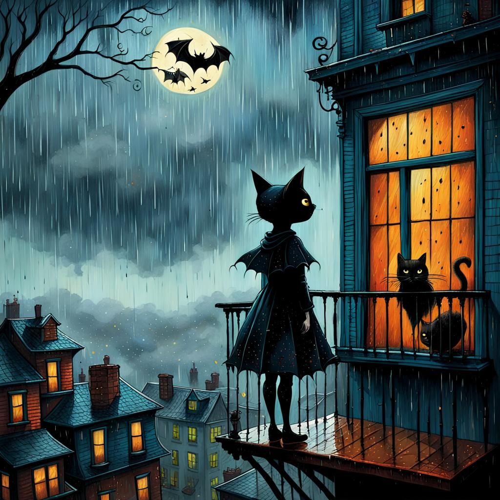 Girl in Rainy Pop Surrealist Scene with Bat