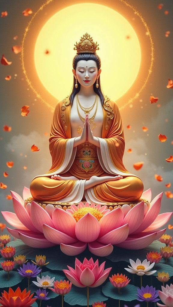 Guan Yin in Golden Halo on Lotus Throne