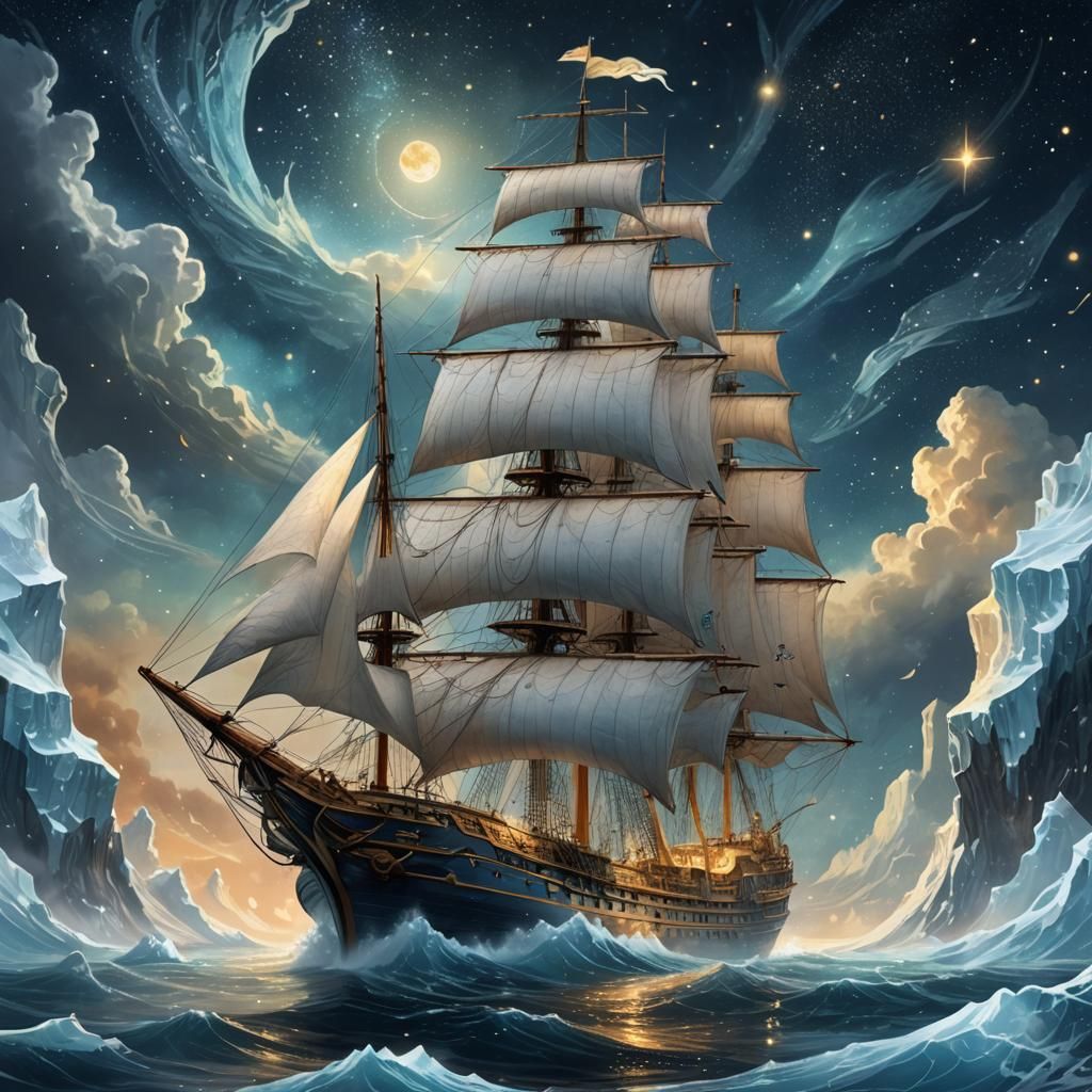 Majestic Ship Encounters Iceberg Under Starry Sky