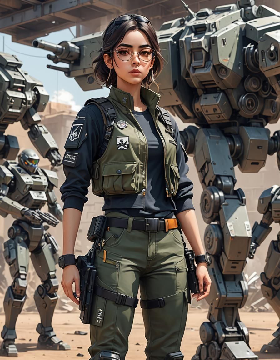 Anime Woman with Metal Arm in Tactical Setting