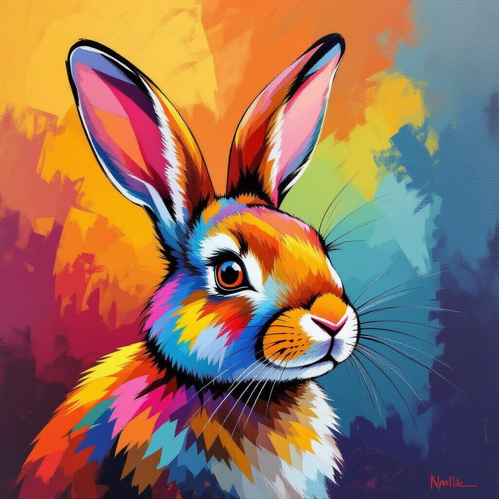 Stylized Rabbit Portrait in Bold, Colorful Patterns