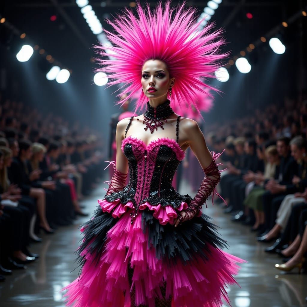 <lora:Make it sparkle:1.0> <lora:Haute Couture Flux:1.0> <lora:TressCode:1.0> <lora:Sci-Fi Runway:1.0>