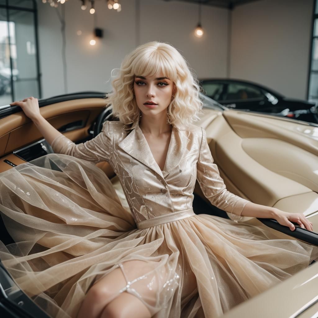 Crossdressing Man in Tulle Dress on Sports Car