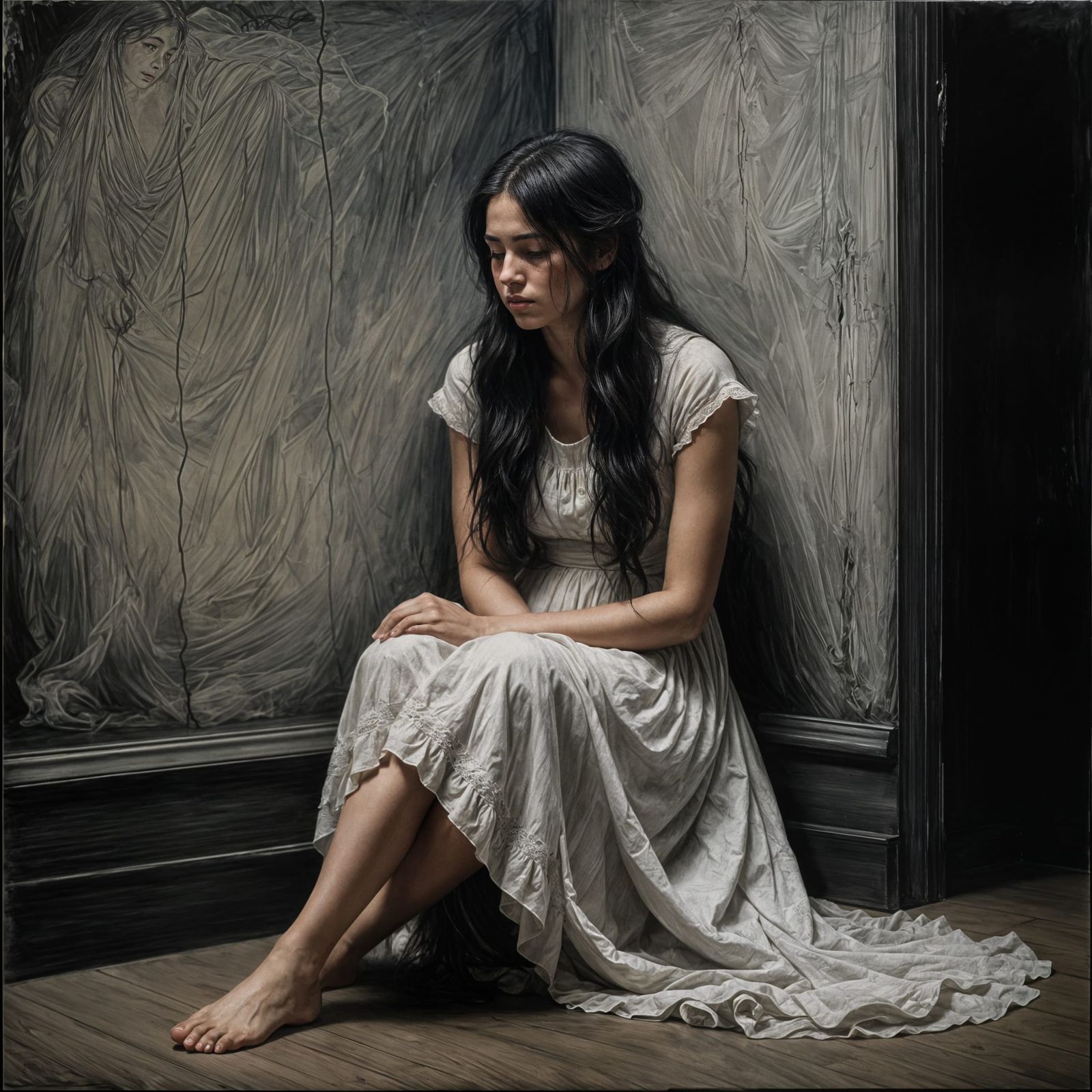 Girl in Fetal Position: Charcoal Oil Painting