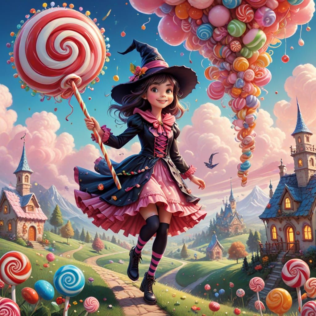 Cheerful Witch Flies on Candy Cane Broomstick