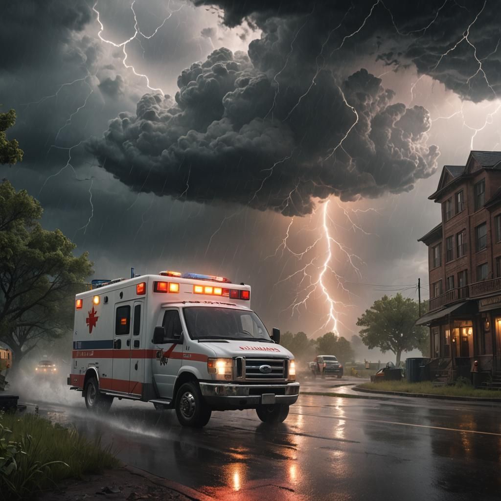 Ambulance in Thunderstorm: Detailed Matte Painting