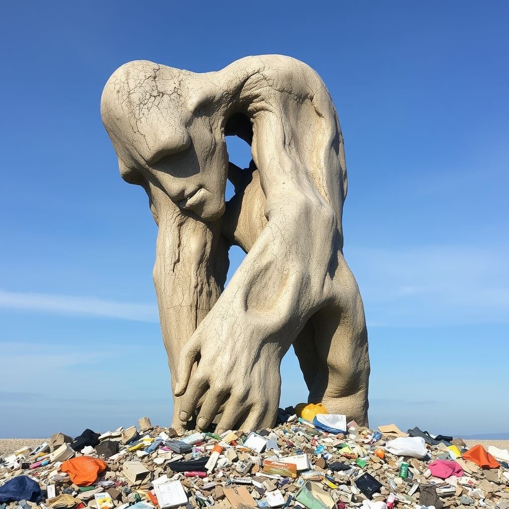 Distorted Brutalist Weeping Figure Amidst Trash
