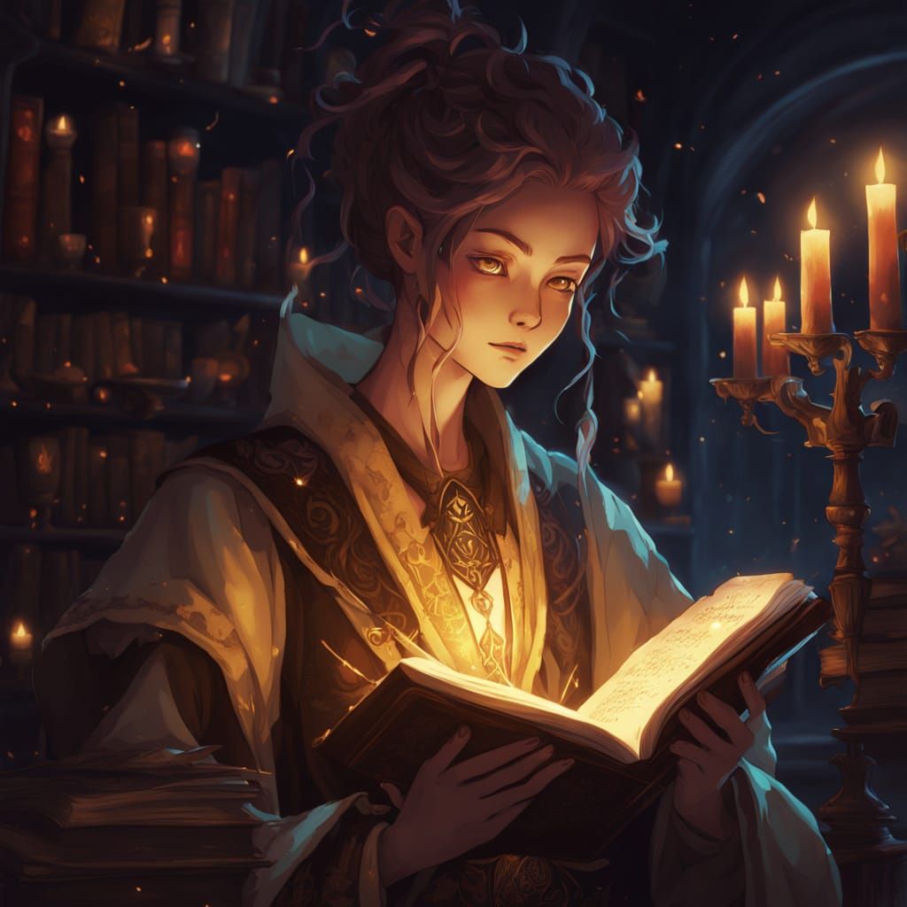 Sorceress Reading Spellbook in Arcane Library