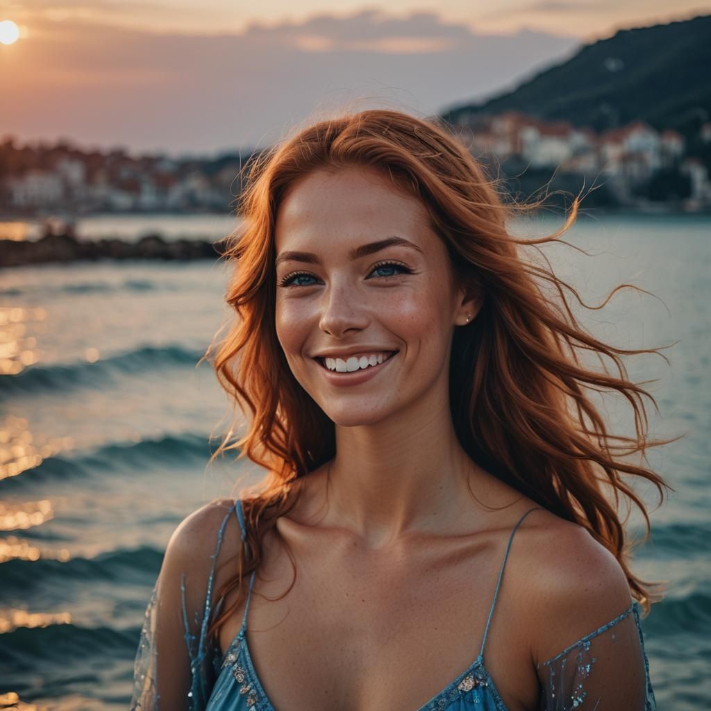 Sensual Redhead at Sunset with a Charming Smile