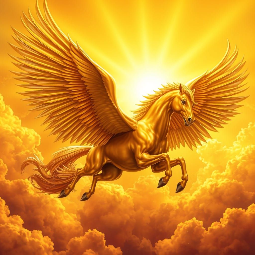 Golden Pegasus Soars Through Vibrant Golden Skies