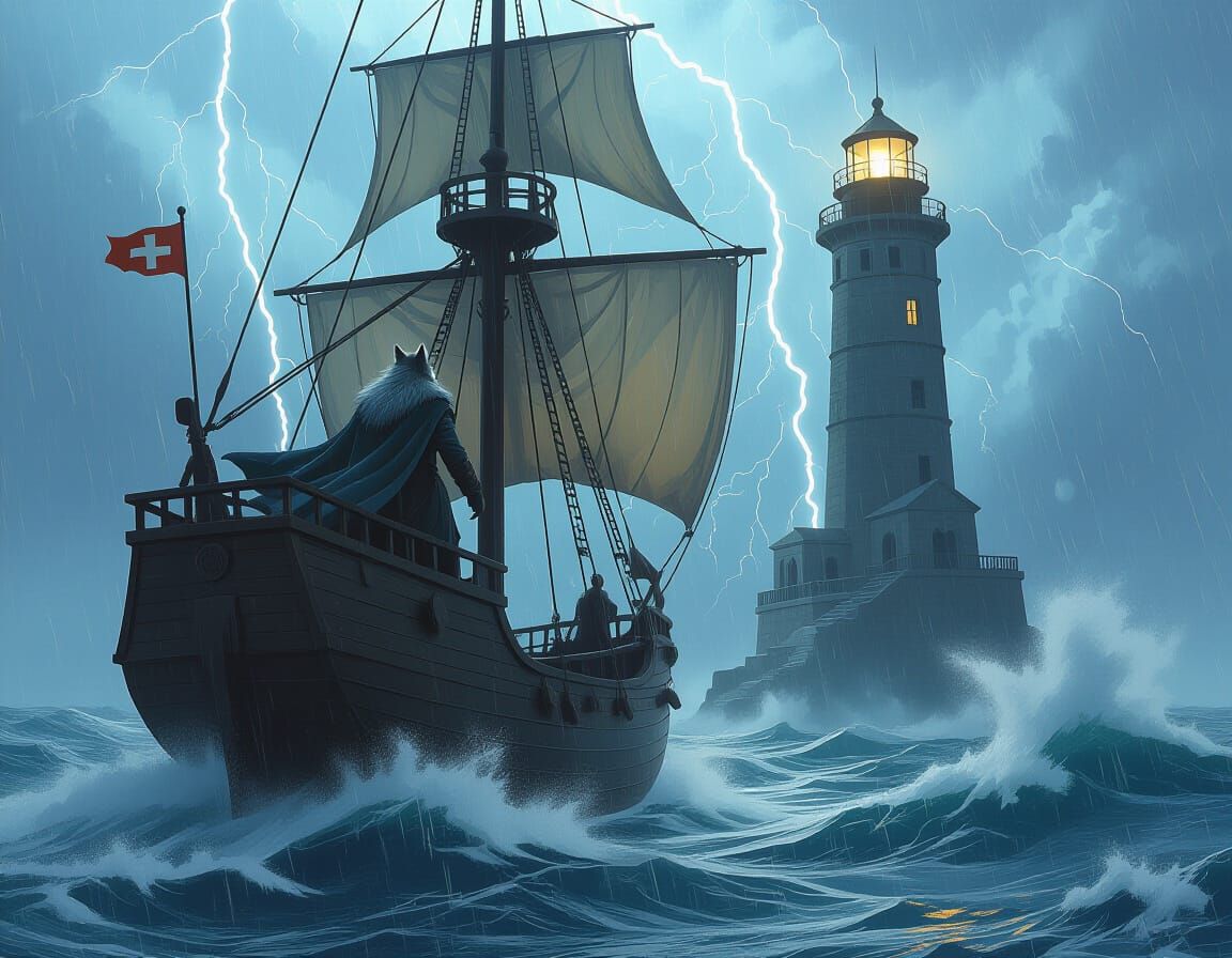Wolf Captain Navigates Storm Near Lighthouse