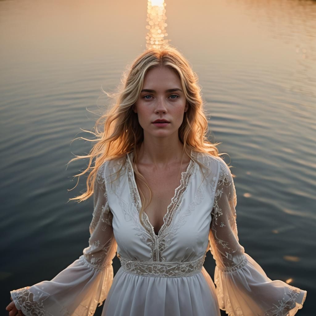 Girl in Lake Reflecting Sunset: Professional Portrait