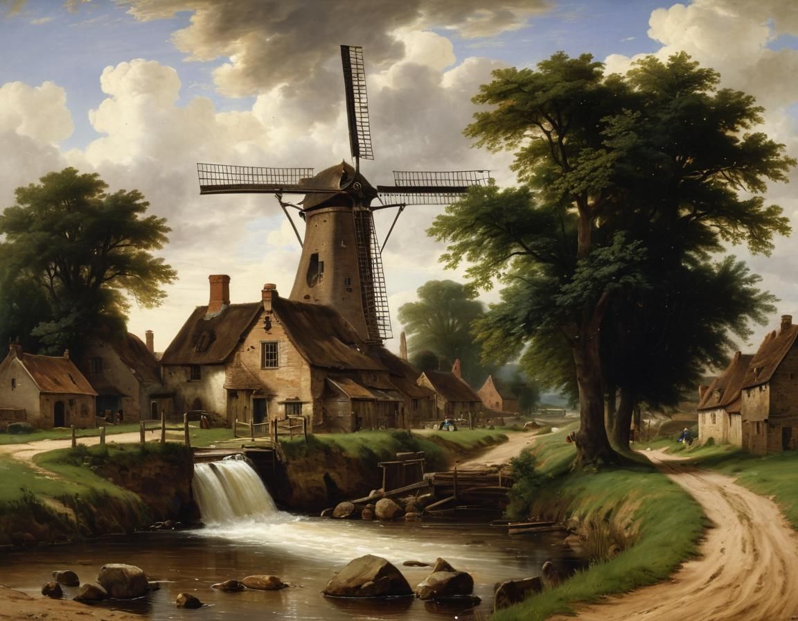 Idyllic Village by a Gentle River in Old Master Style