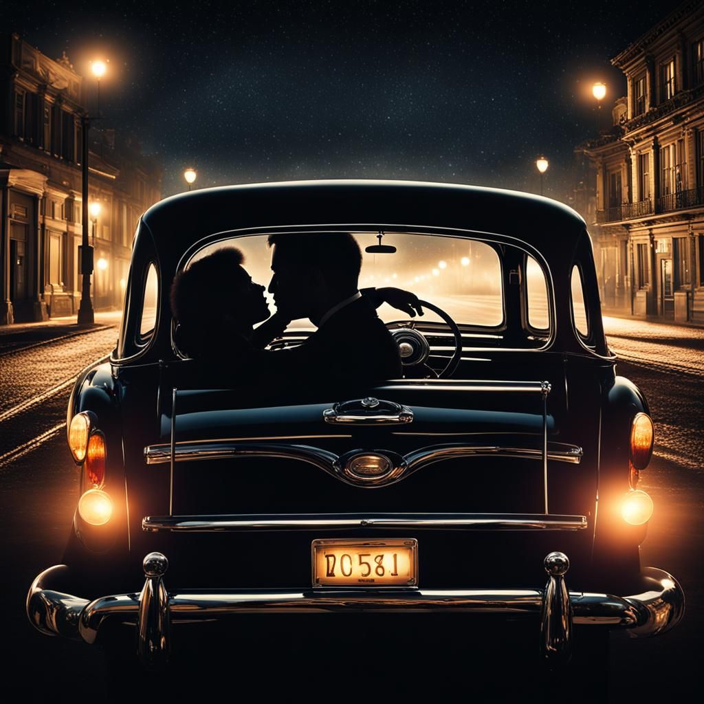 Romantic Kiss in Car Silhouette at Night