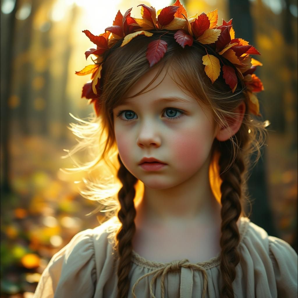 Autumn Girl with Leaf Crown in Golden Light