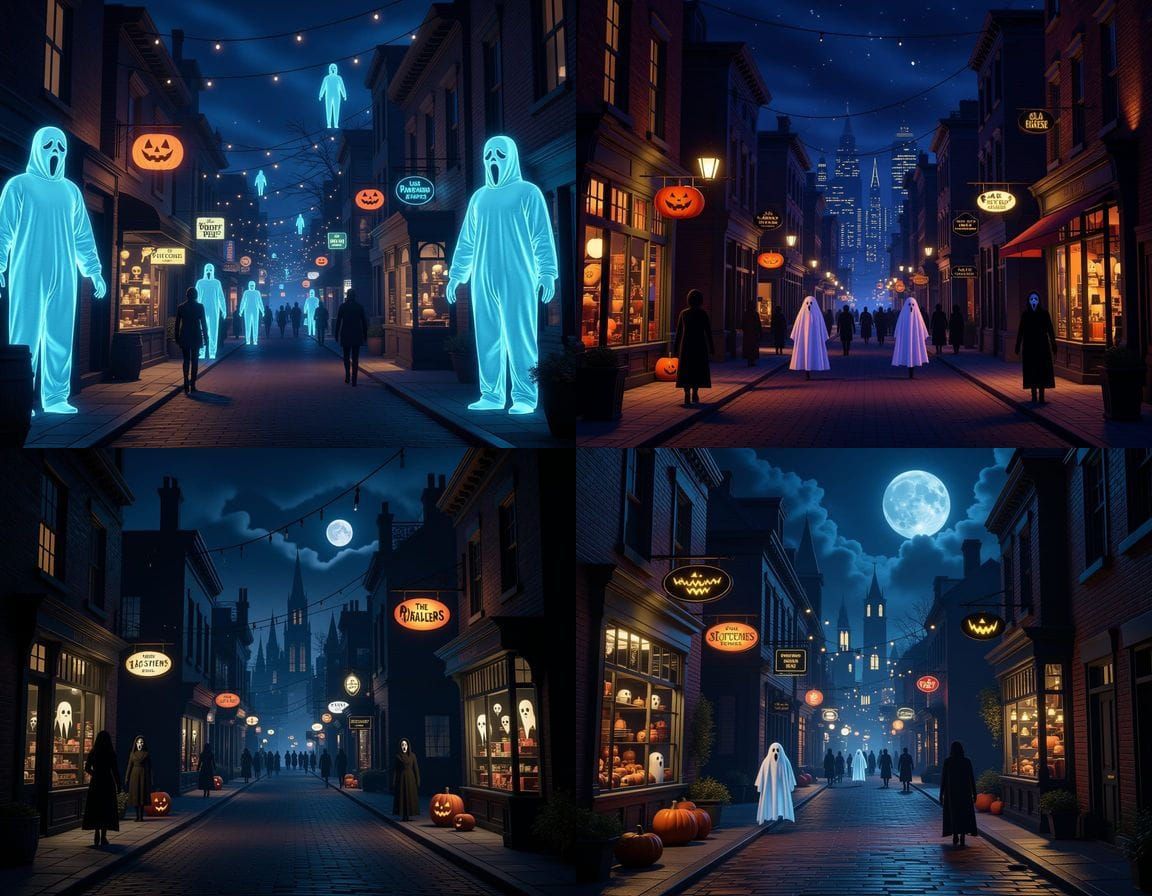Atmospheric Halloween Night Cityscape with Mysterious Figure...