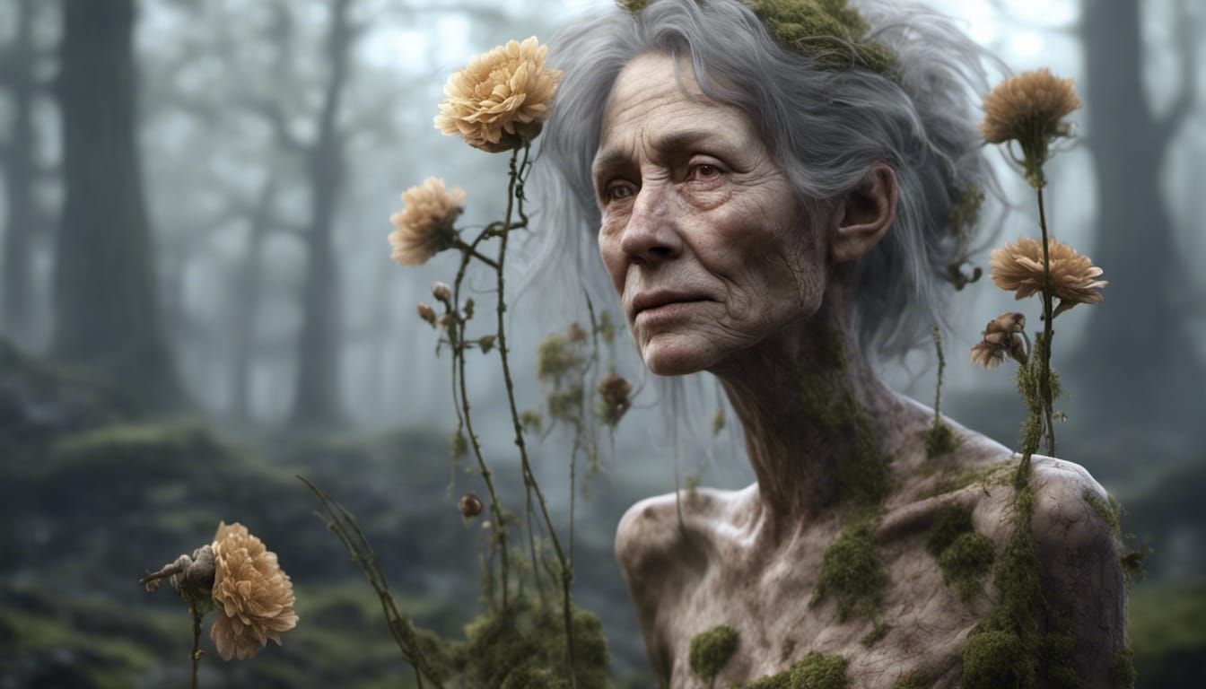 Withered Flowers Grow on Woman: 8K Resolution