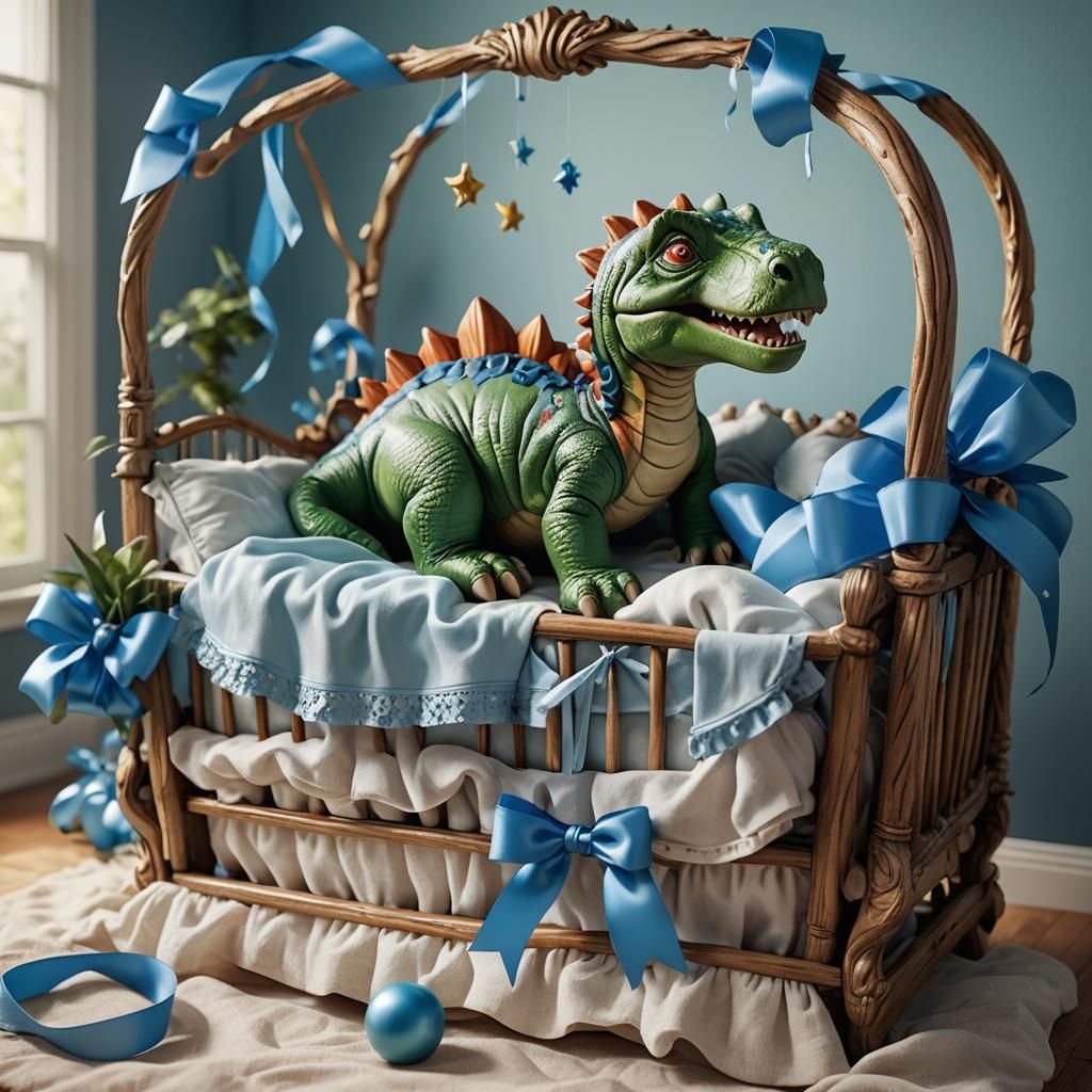 Sleeping Baby Dinosaur in Crib: Hyperrealistic Concept Art