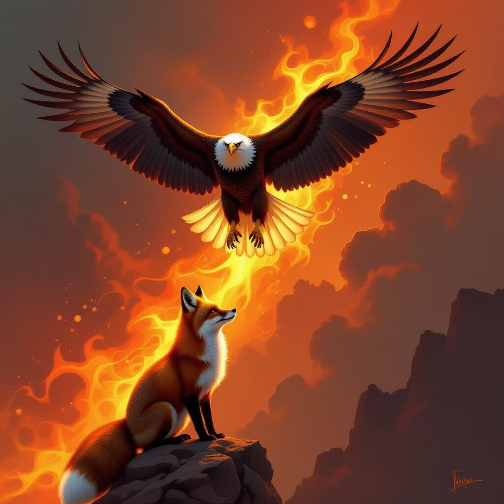 Fiery Eagle and Fox in Dramatic Fantasy Digital Painting