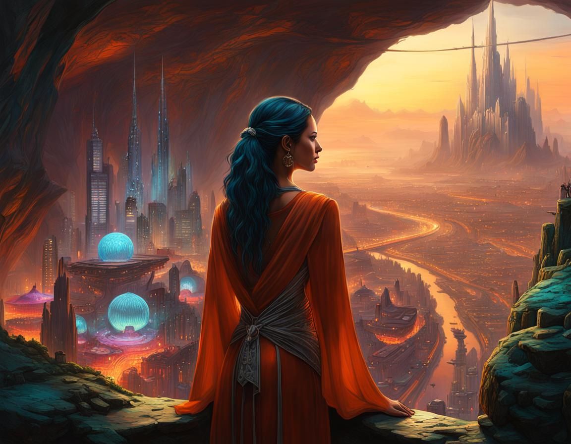 Cyberpunk Cityscape in Underground Cave