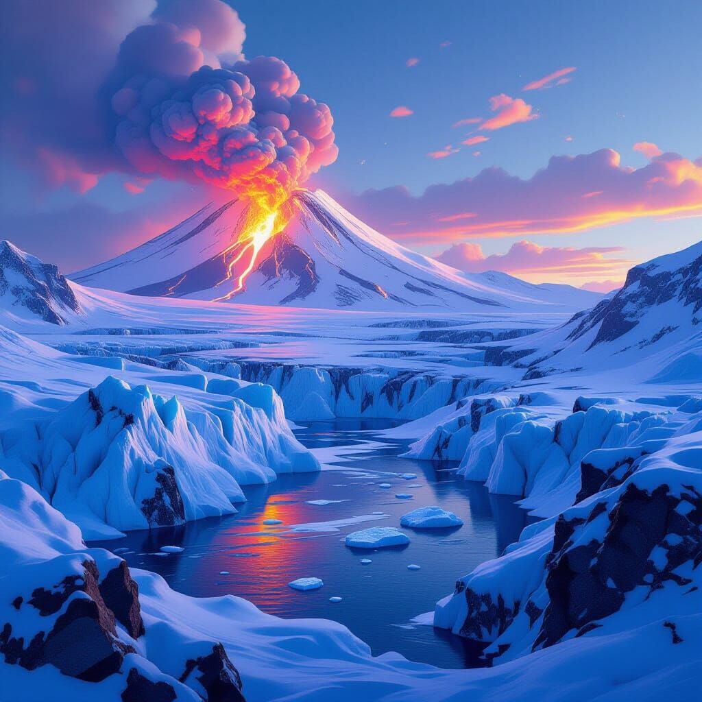 Volcano Eruptions Flowing Lava Near Serene Glaciers