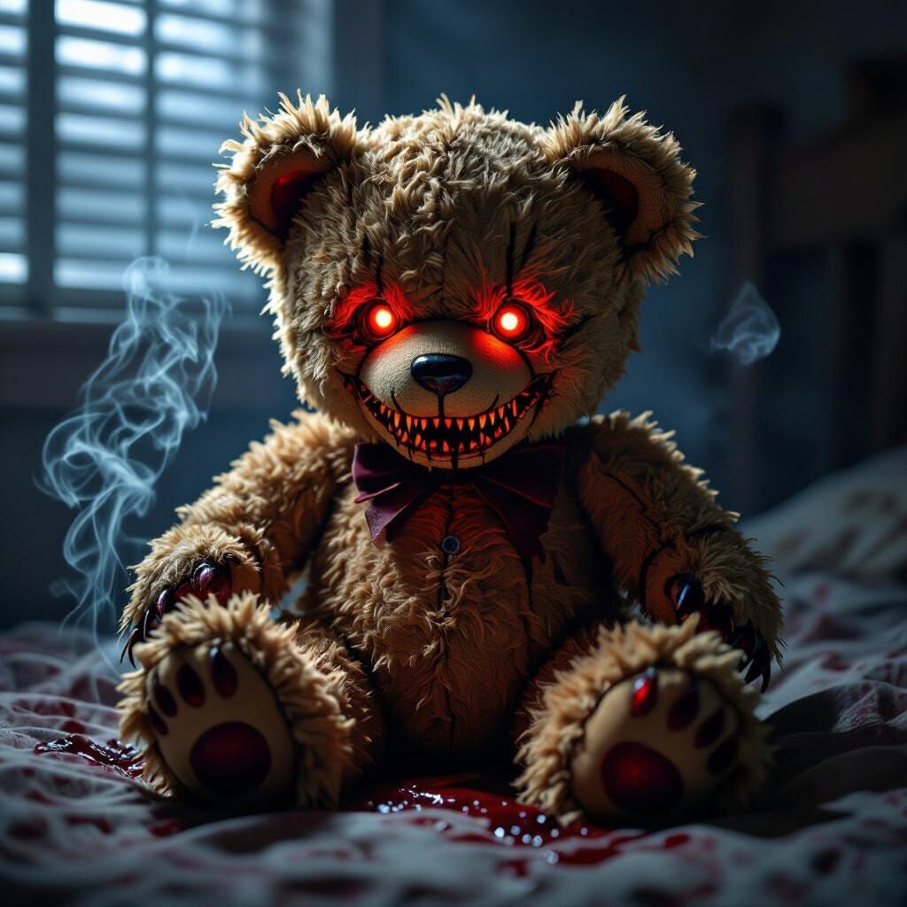 Horror Teddy Bear with Crimson Eyes & Fangs