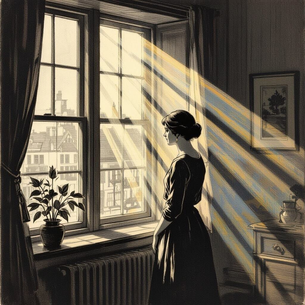 Woman by Window in Sunbeams, Woodcut Print Style