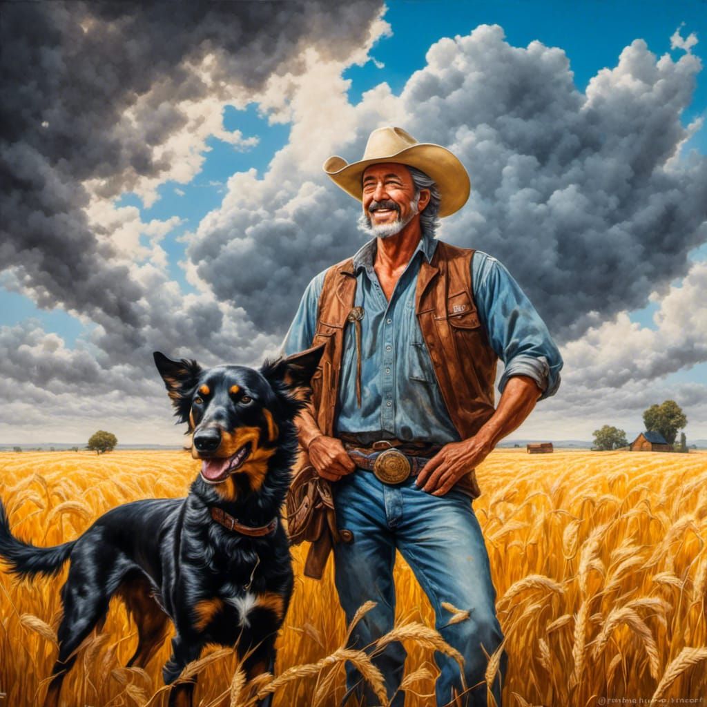 Happy Farmer with Dog in Wheat Field