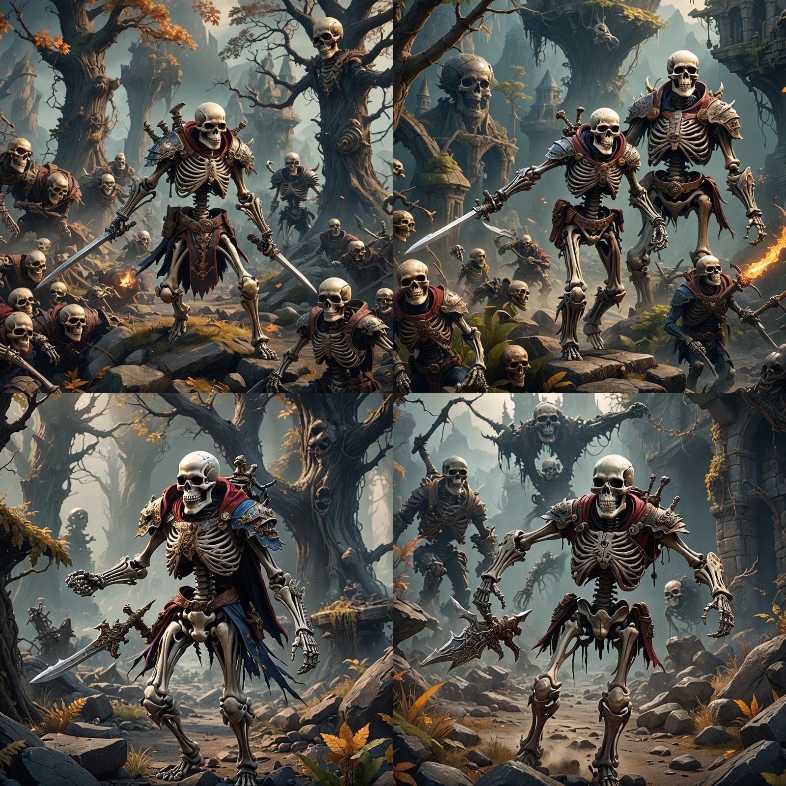 Skeleton Adventurer Fighting Monsters in Fantasy Art Style