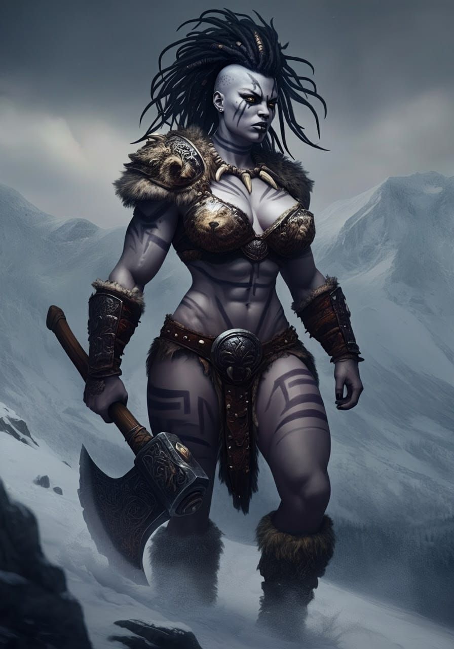 Powerful Goliath Barbarian Strides Through Snowy Mountains