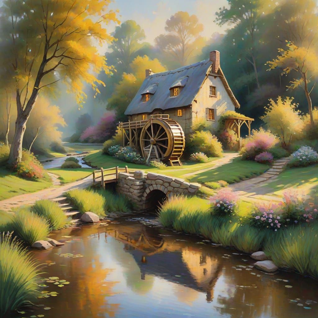 Cozy Cottage by a Gentle Stream in Warm Golden Light