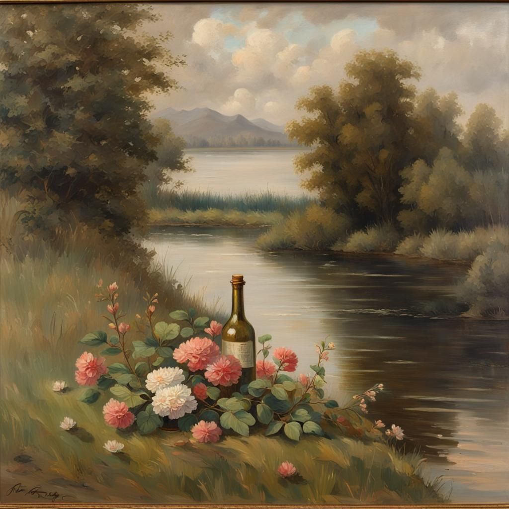 Nordic River Scene with Message in a Bottle