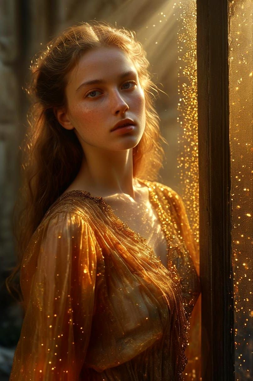Hyperrealistic Renaissance Female Portrait in Golden Hour Li...