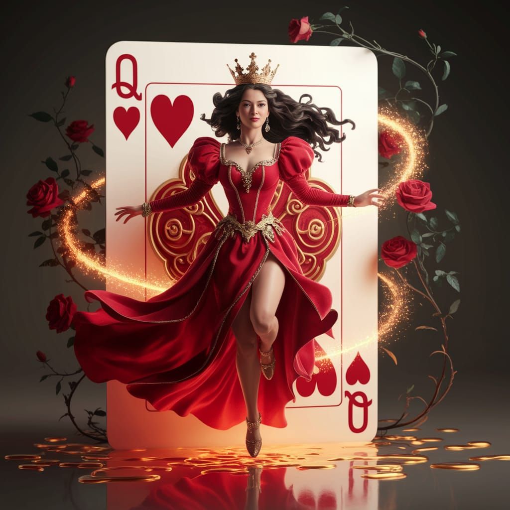 Regal Queen of Hearts Emerges from Ornate Playing Card