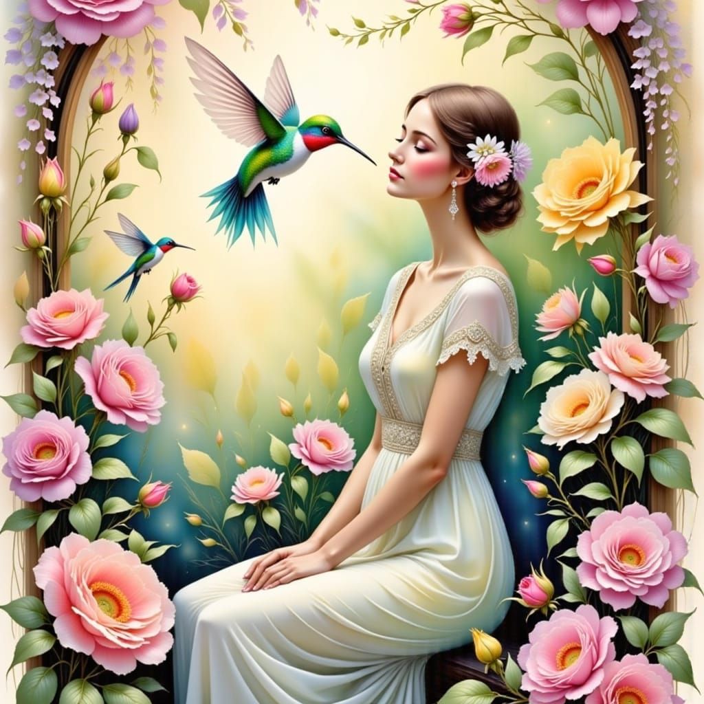 Ethereal Garden Scene with Hummingbirds