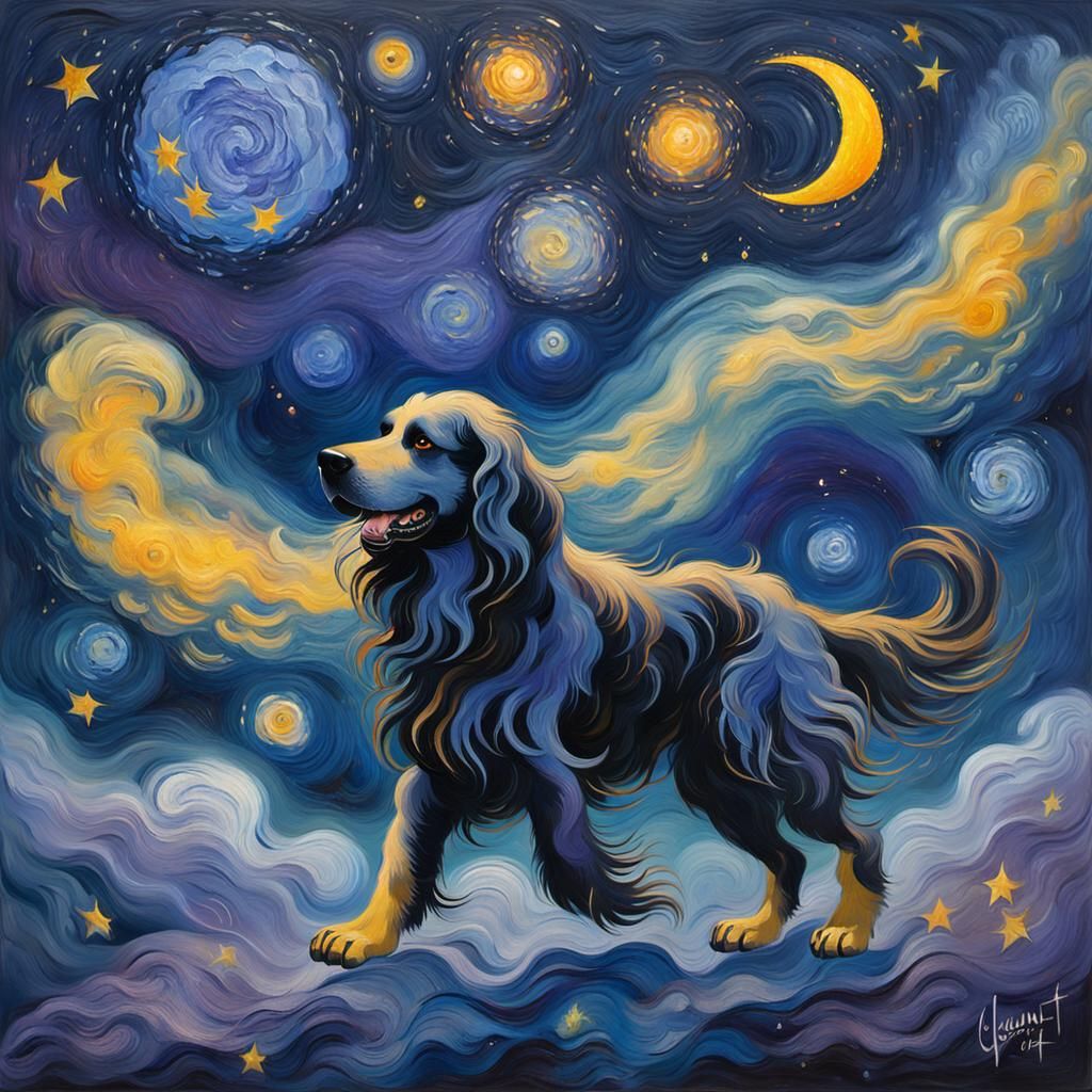 Dog Running Through Nebula as Impressionist Painting