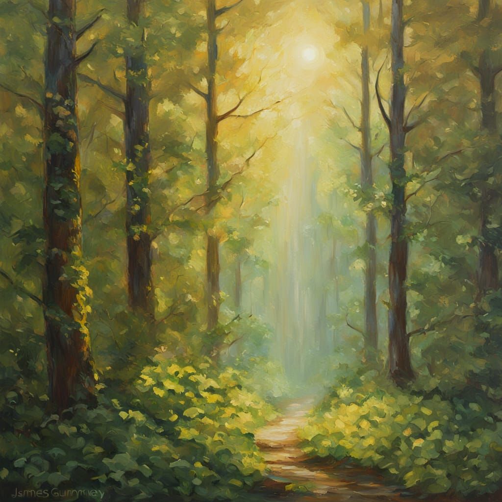 Love Illuminates Forest of Life in Luminous Oil Painting