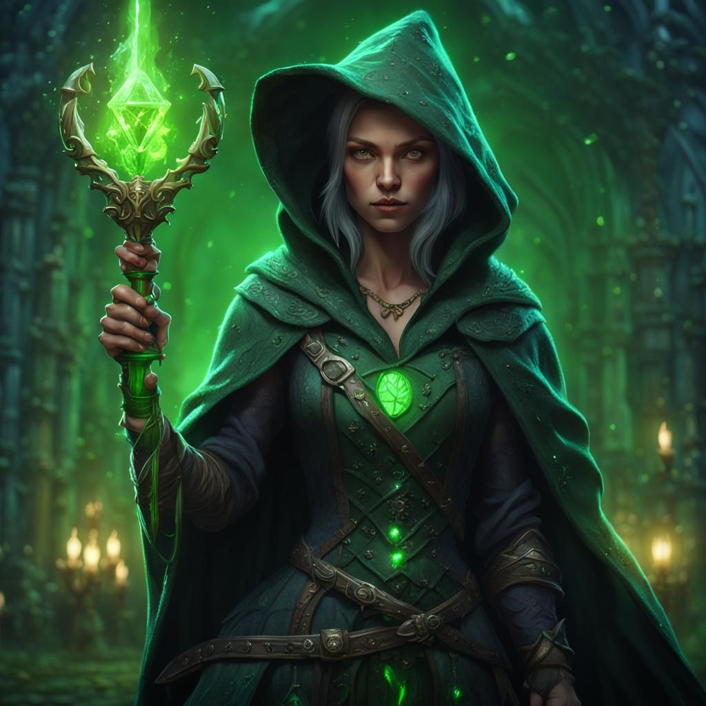 Fantasy Witch with Glowing Scepter in Detailed Matte Paintin...