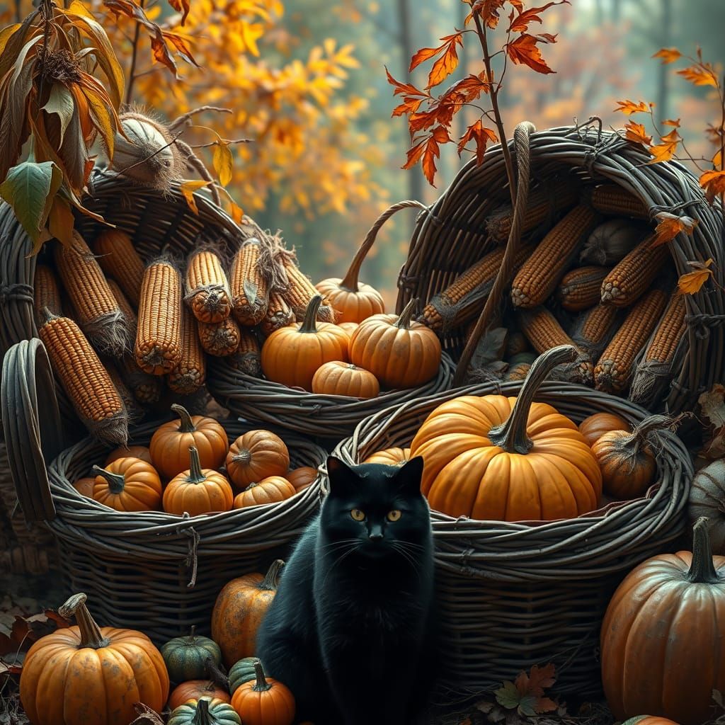 Bountiful Autumn Harvest With Black Cat In Cinematic Style