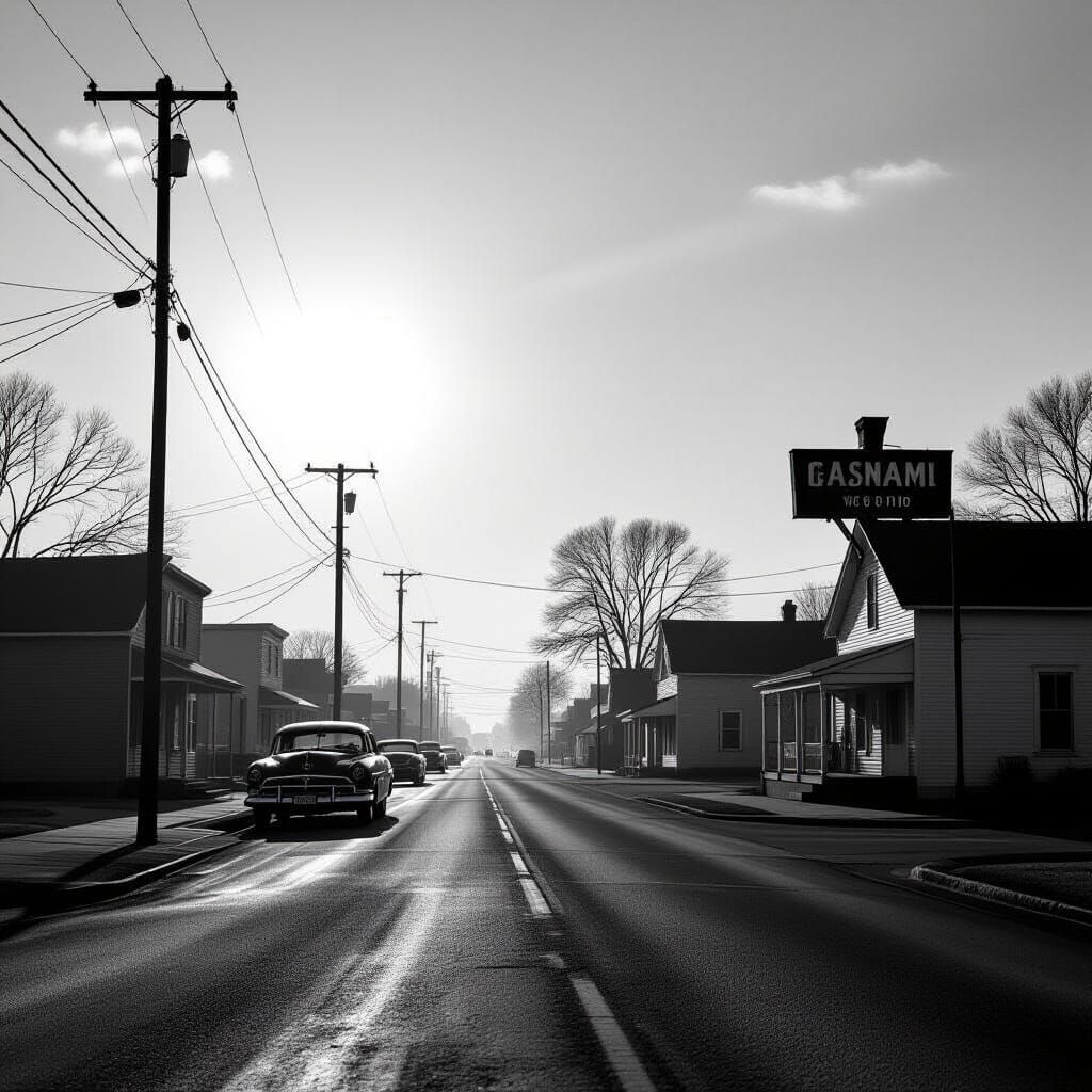 Eerie Black and White Town Scene in Fifties Style
