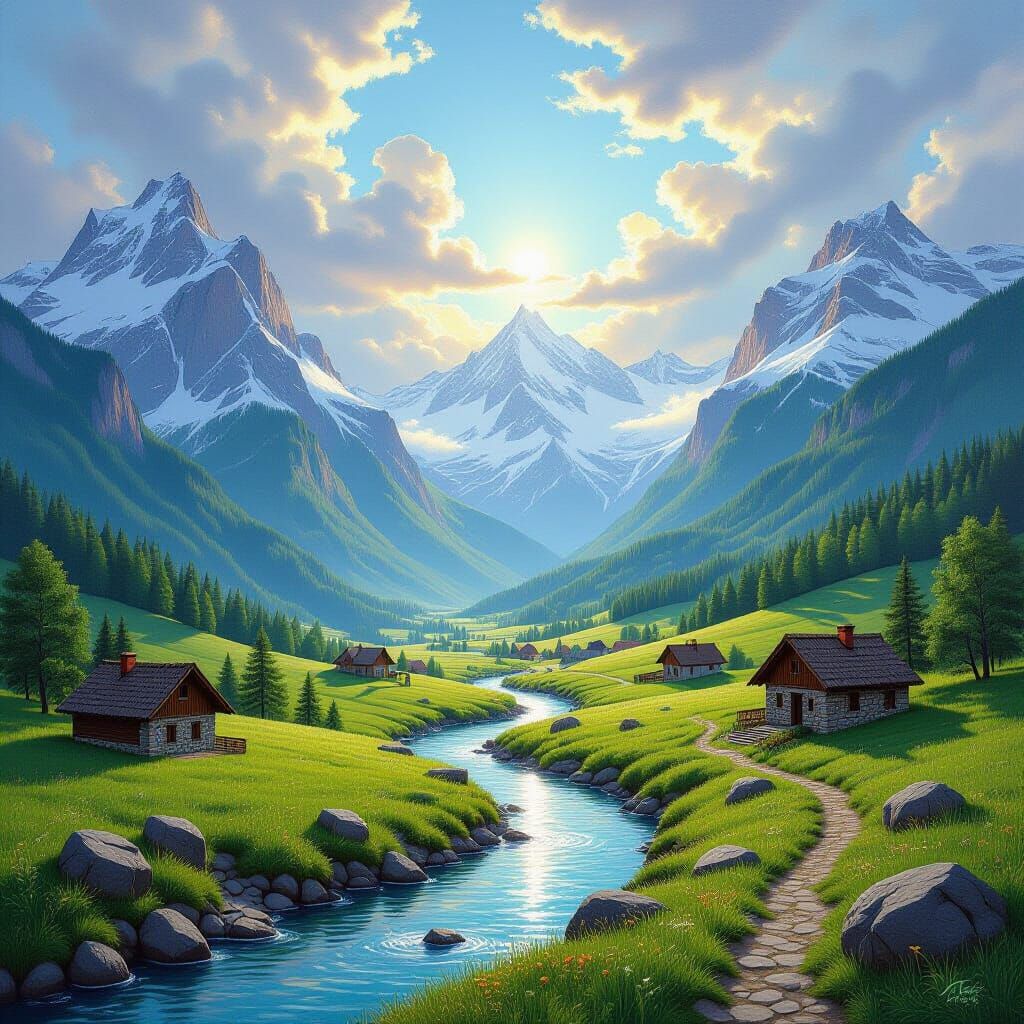 Panoramic Mountain Landscape Oil Painting