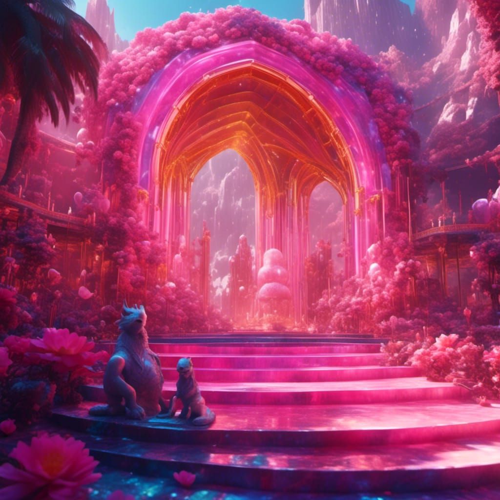 Gemstone Rainbow Courtyard in Hyperreal Style