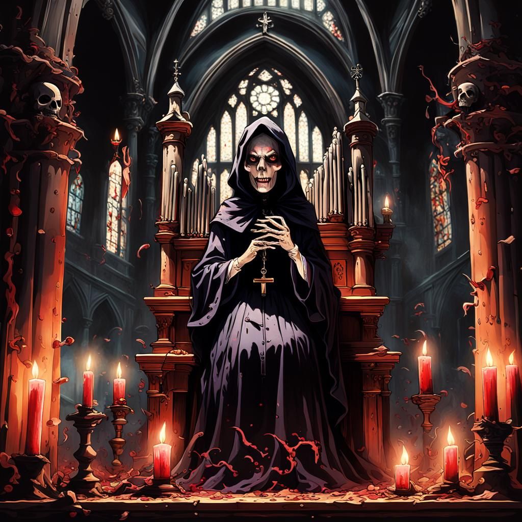 Gothic Witch Plays Glowing Organ in Dark Church