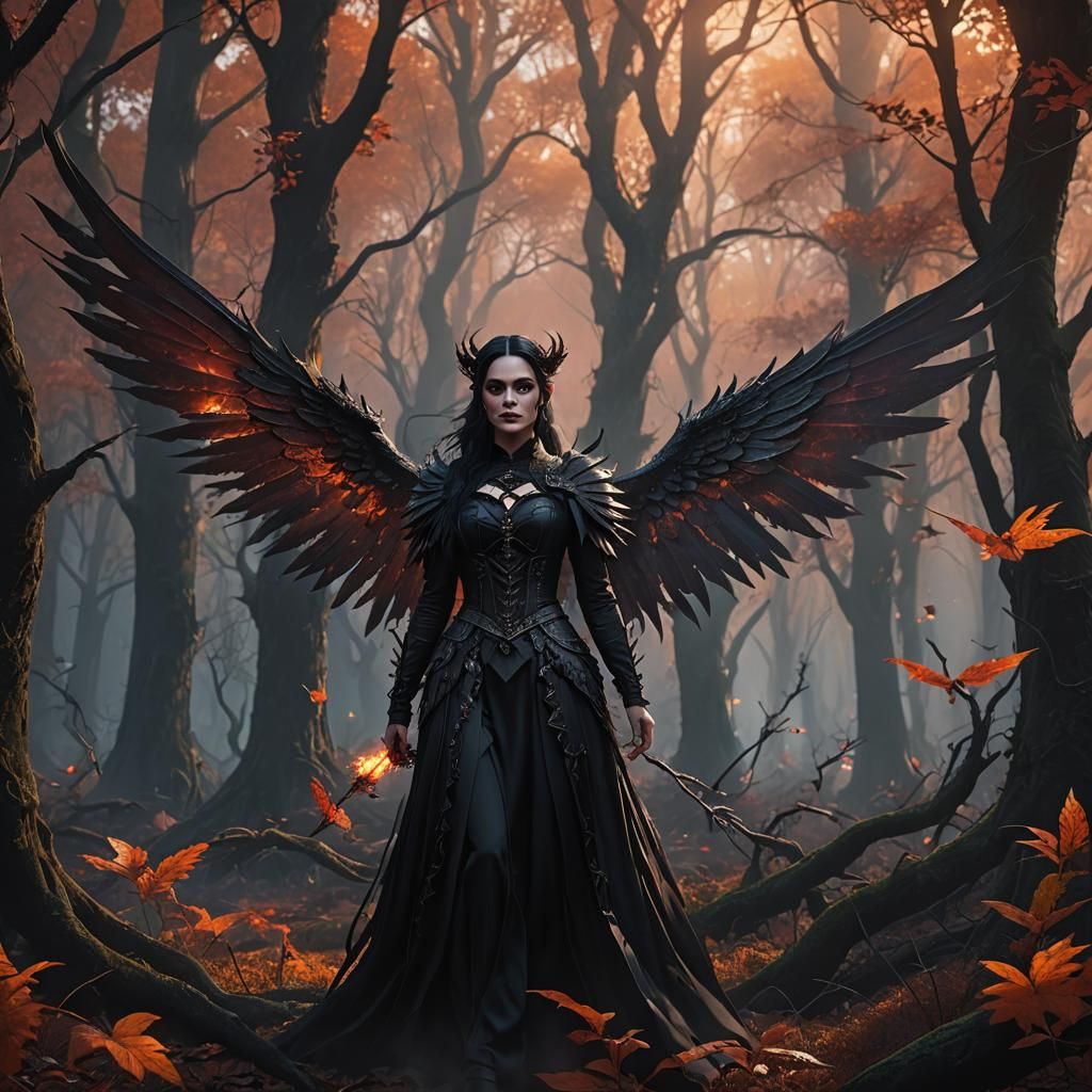 Winged Goth Girl in Enchanted Fiery Forest
