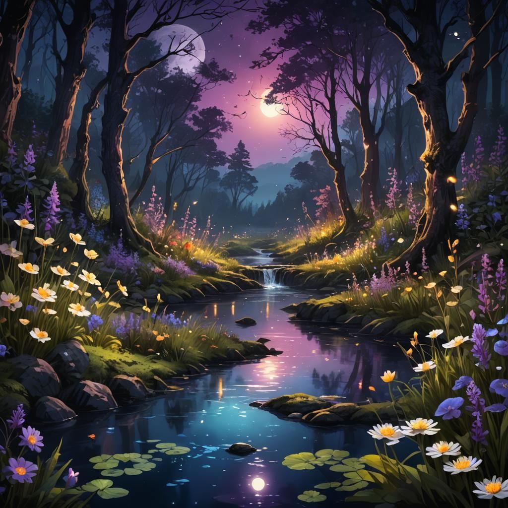 Moonlit Woodland with Fireflies: Fantasy Concept Art