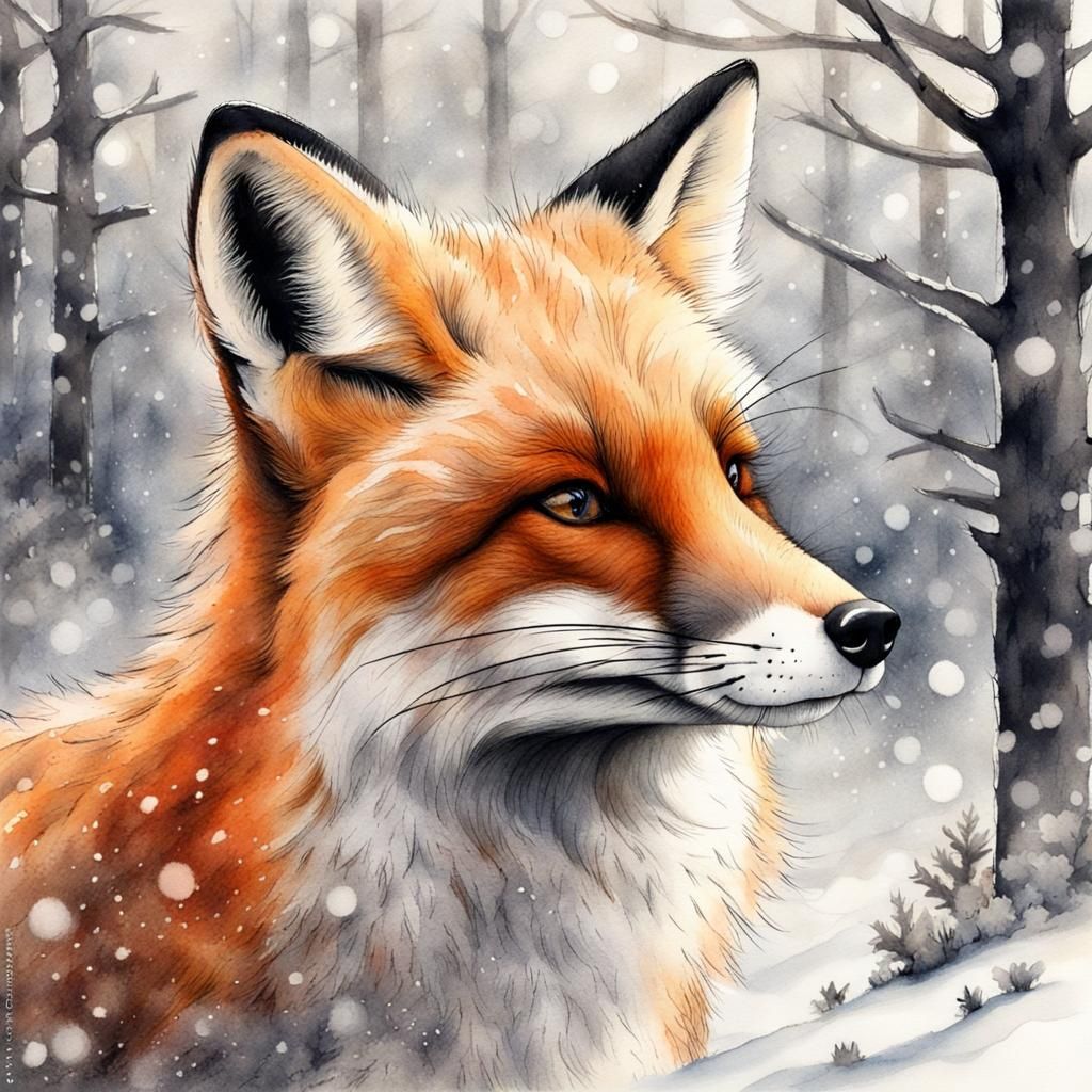 Furry Fox in Winter Forest: Charcoal Drawing