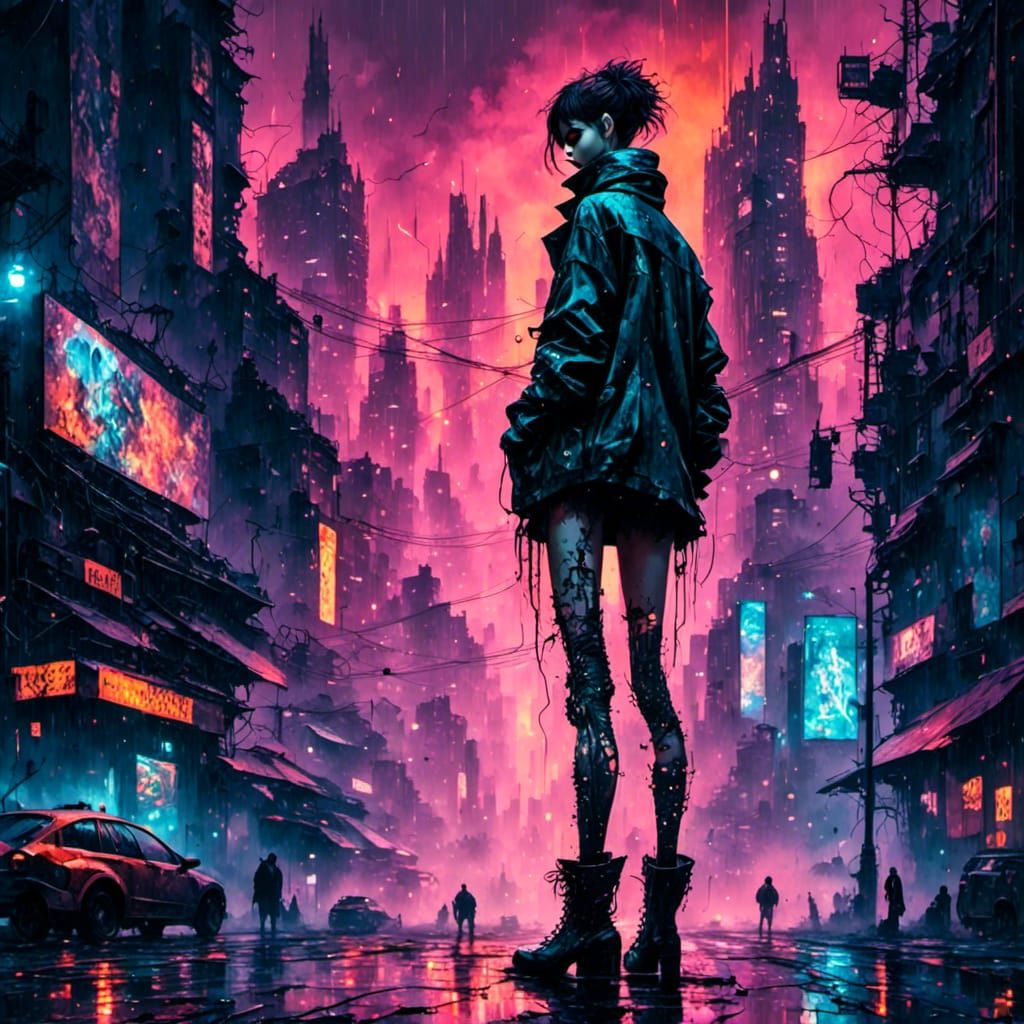 Punk with Cybernetic Legs in Dystopian City