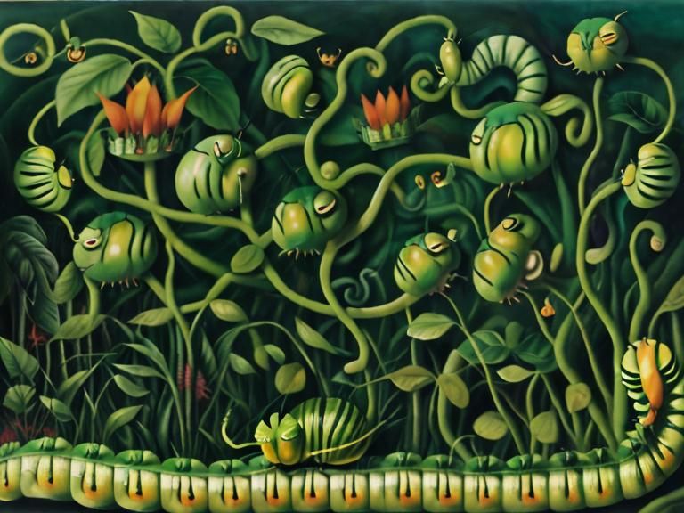 Surreal Jungle Scene with Green Caterpillar