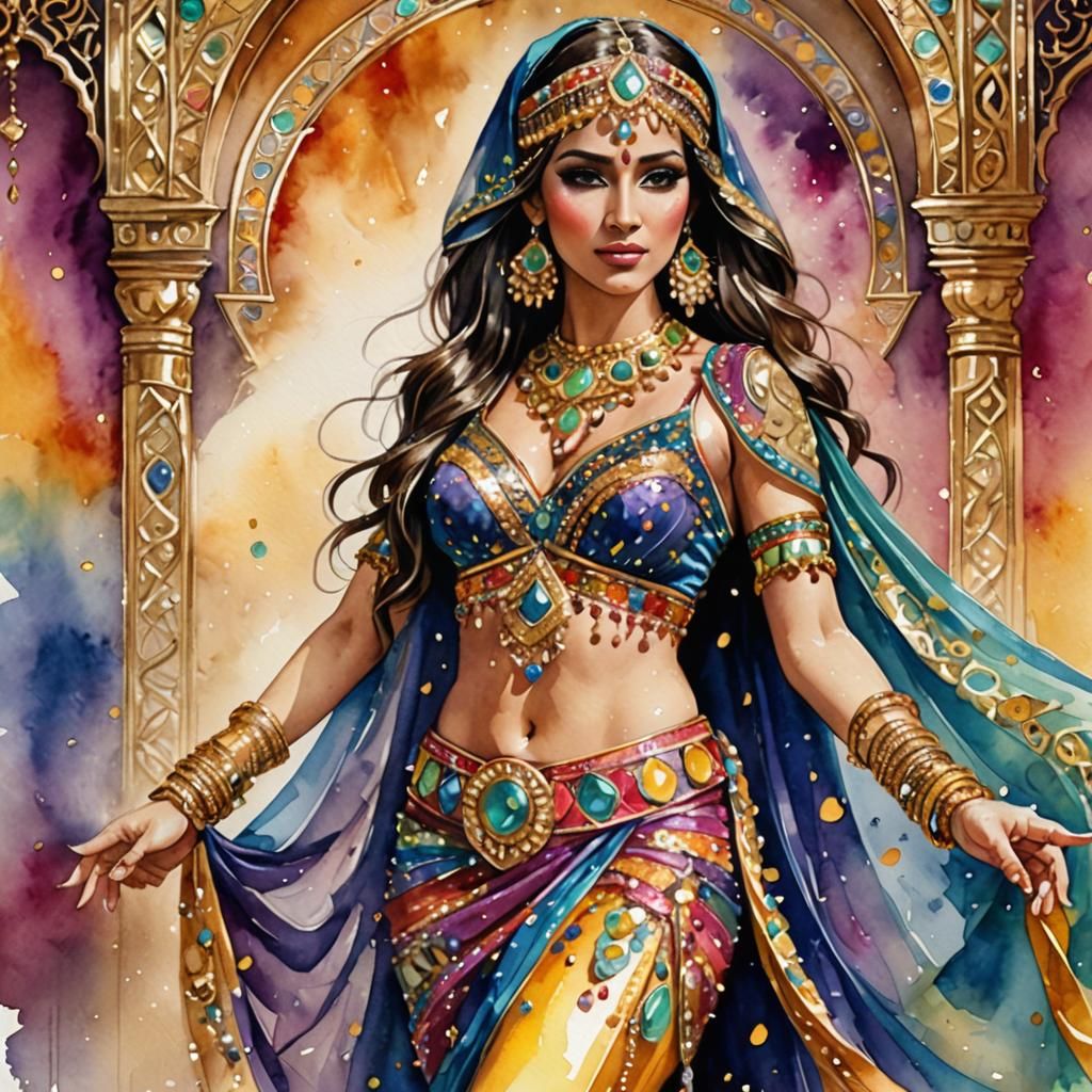 Elegant Arabian Belly Dancer in Watercolor Style