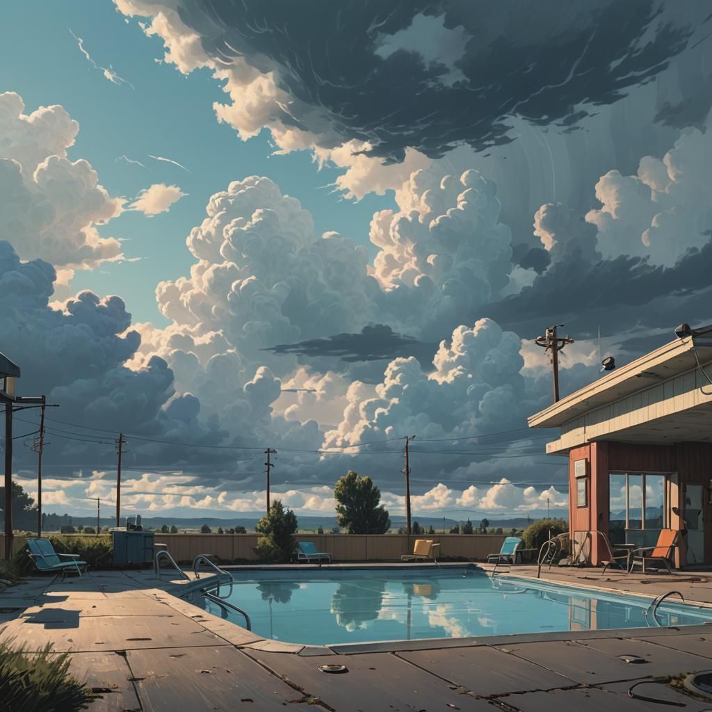 Motel Pool Under Clouds in Retro-Futuristic Style
